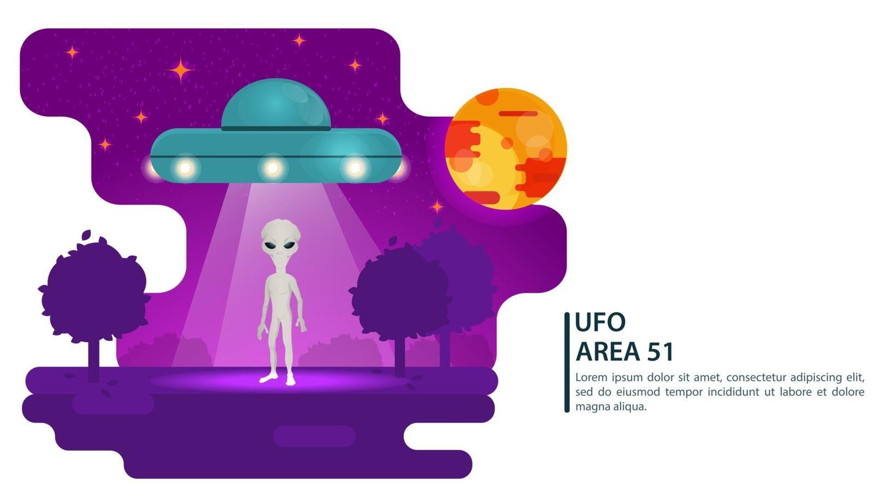 Il disco volante ufo raccoglie un alieno dalla terra con un raggio di luce design concept flat illustrazione vettoriale