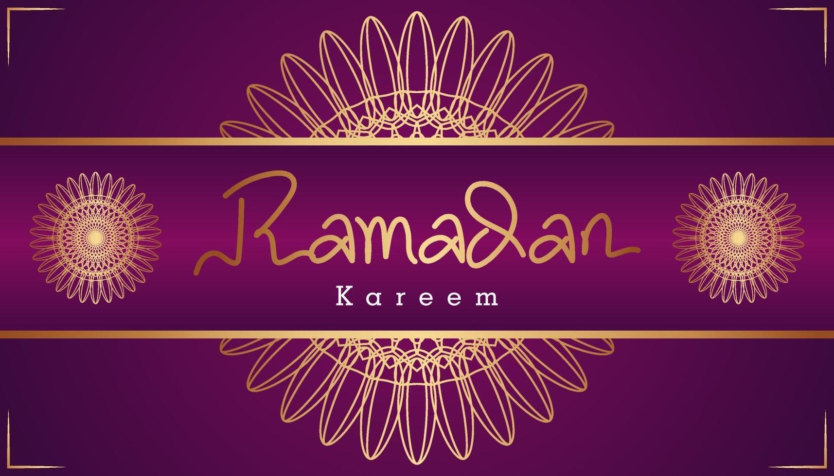 bella viola e oro calligrafia araba ramadan kareem testo e disegno del modello ornamentale sfondo. illustrazione vettoriale