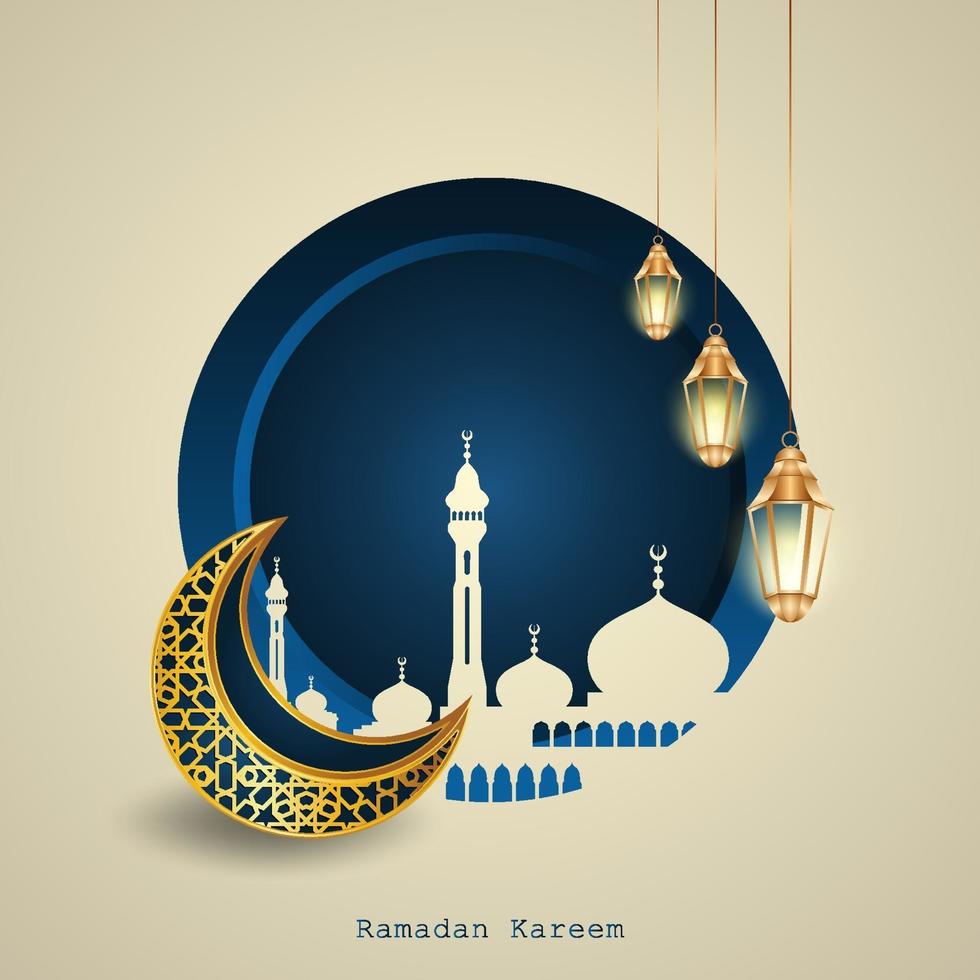 design islamico ramadhan kareem con una falce di luna, lanterne islamiche, la silhouette di una cupola della moschea vettore