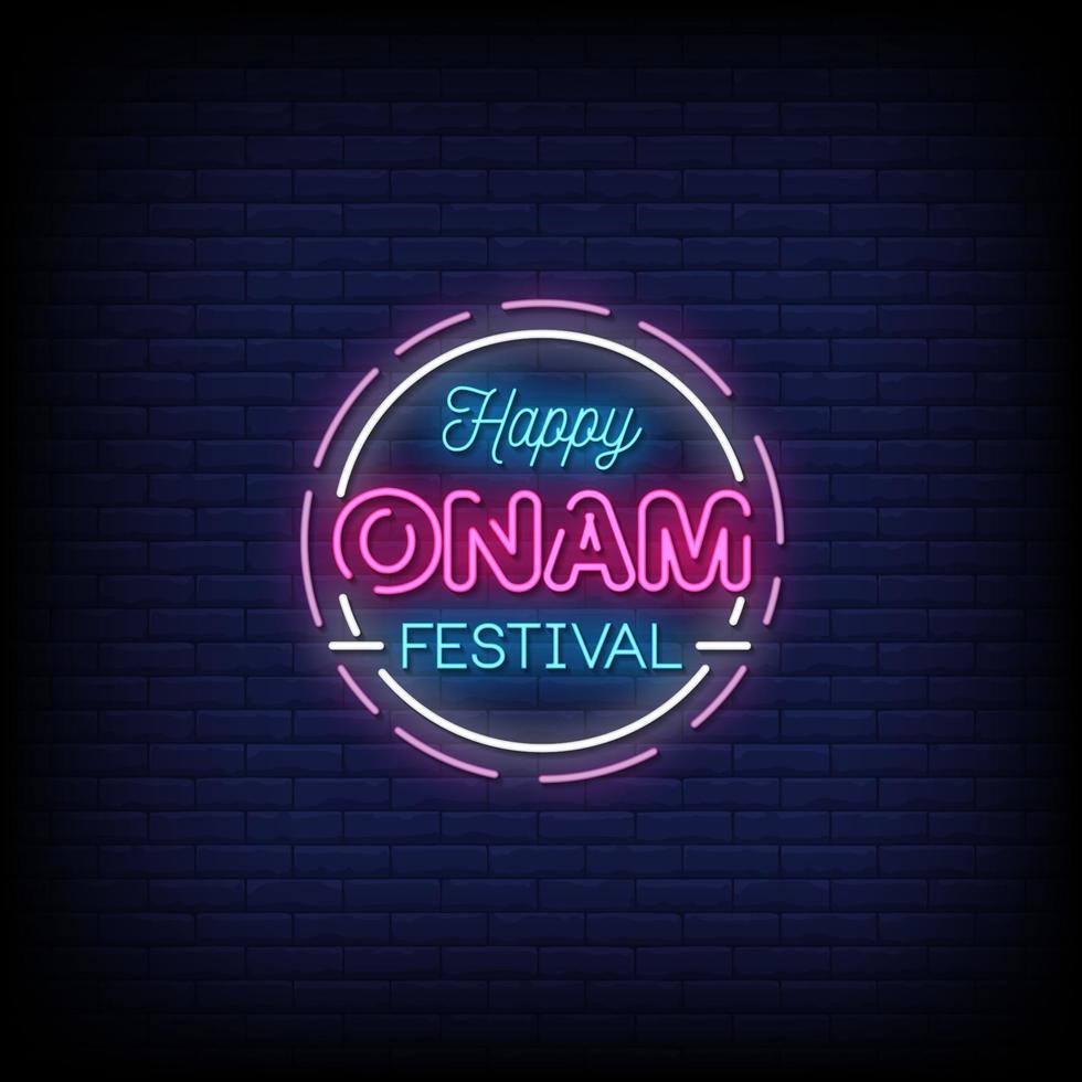 vettore felice del testo di stile delle insegne al neon di festival di onam