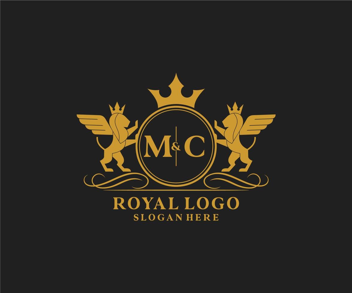 iniziale mc lettera Leone reale lusso stemma araldico logo modello nel vettore arte per ristorante, regalità, boutique, bar, Hotel, araldico, gioielleria, moda e altro vettore illustrazione.