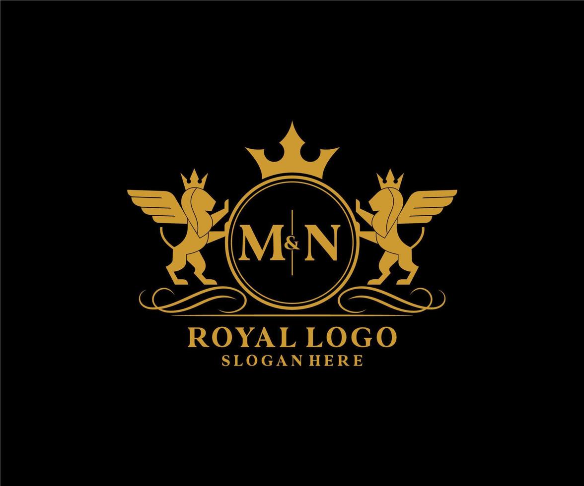iniziale mn lettera Leone reale lusso stemma araldico logo modello nel vettore arte per ristorante, regalità, boutique, bar, Hotel, araldico, gioielleria, moda e altro vettore illustrazione.