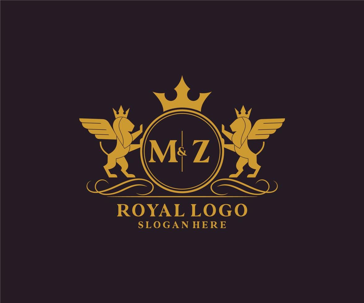 iniziale mz lettera Leone reale lusso stemma araldico logo modello nel vettore arte per ristorante, regalità, boutique, bar, Hotel, araldico, gioielleria, moda e altro vettore illustrazione.