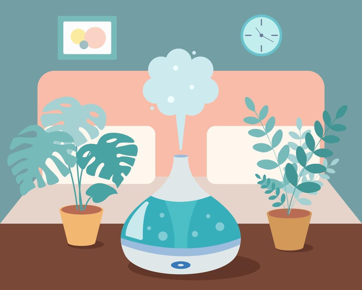 umidificatore in camera da letto con piante domestiche sul tavolo. dispositivo ad ultrasuoni, aromatizzazione dell'aria. illustrazione vettoriale in stile cartone animato