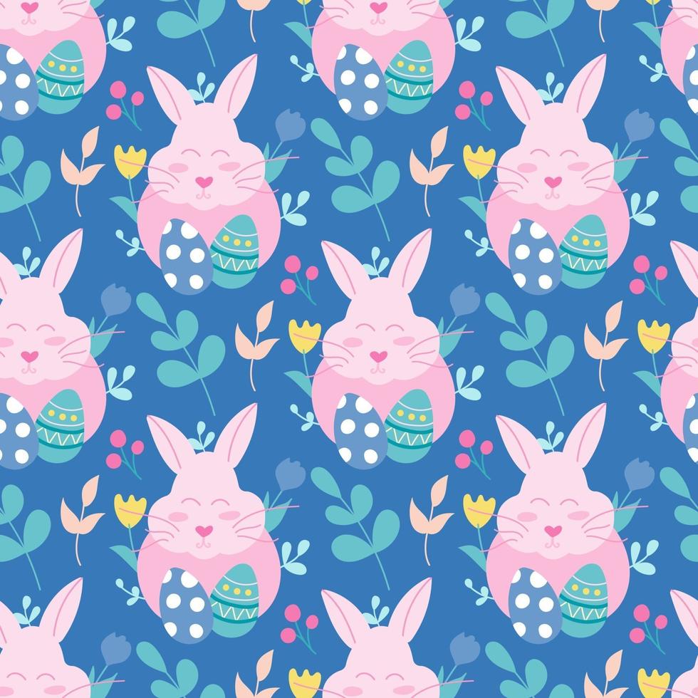 coniglietto di pasqua rosa con uova e piante su sfondo blu. Vector seamless pattern
