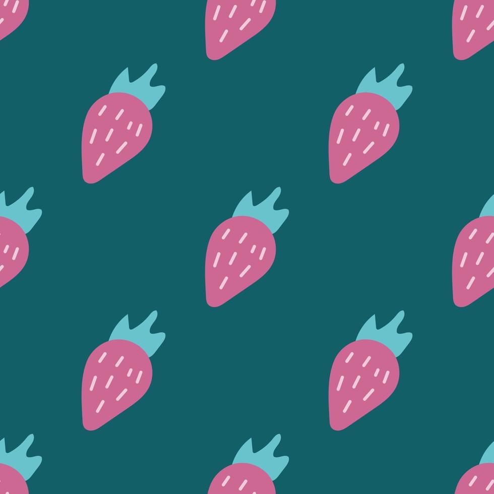 fragole rosa su sfondo verde scuro. Vector seamless pattern in stile piatto