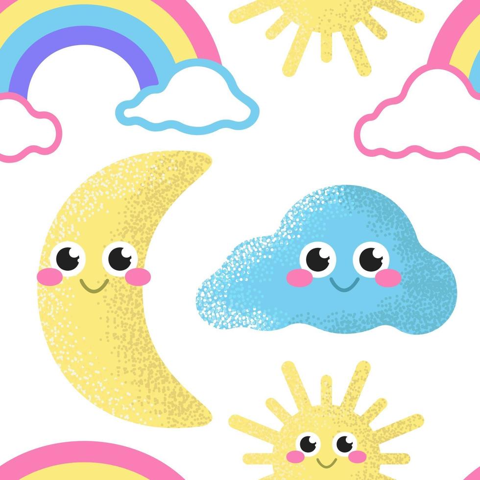 arcobaleno, sole, luna e nuvole su uno sfondo bianco. Vector seamless pattern. carta da parati per bambini