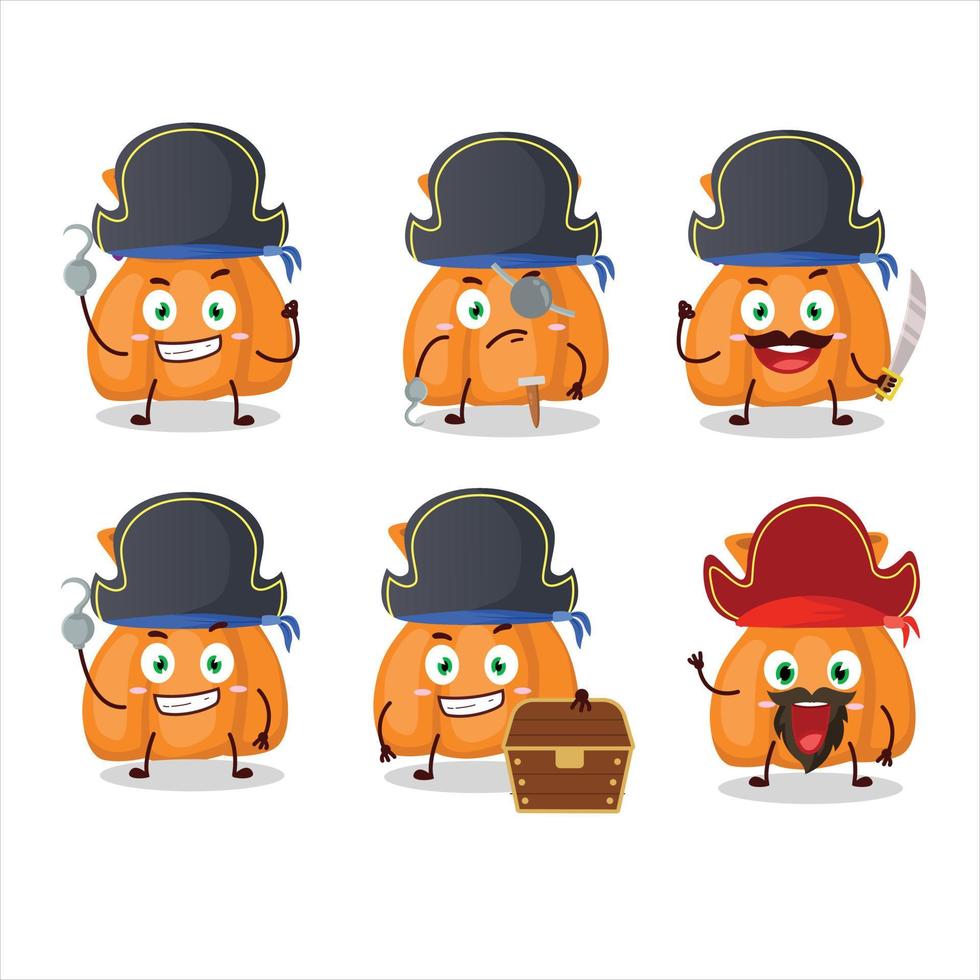 cartone animato personaggio di arancia caramella sacco con vario pirati emoticon vettore