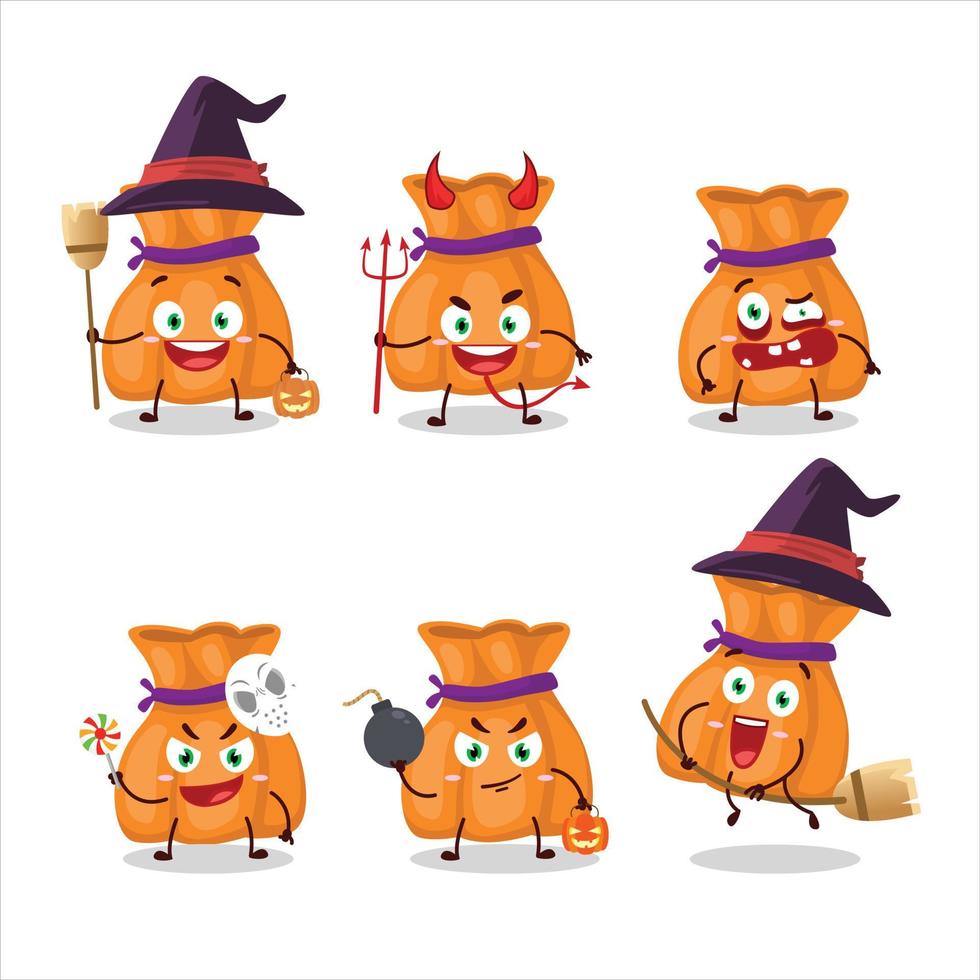 Halloween espressione emoticon con cartone animato personaggio di arancia caramella sacco vettore