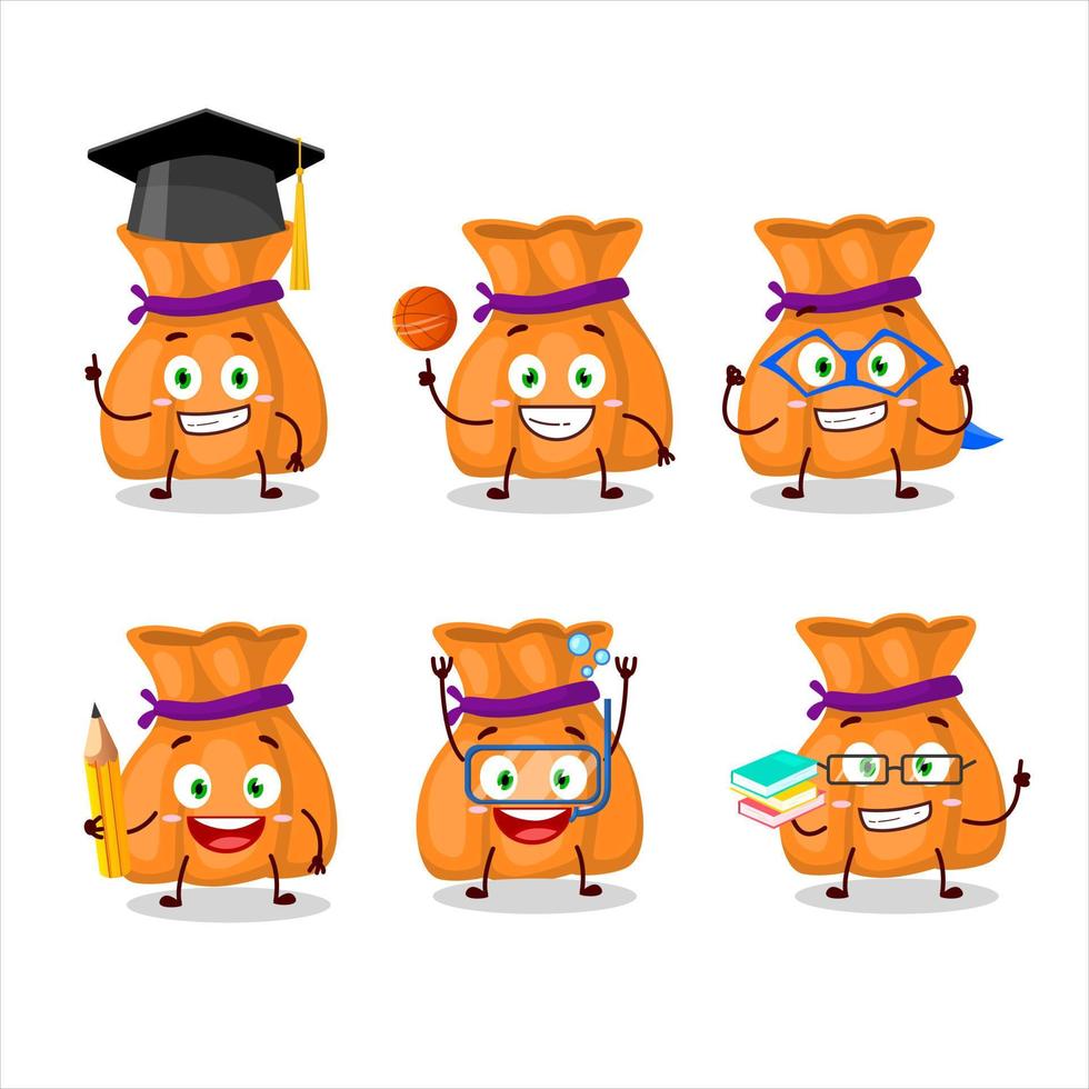 scuola alunno di arancia caramella sacco cartone animato personaggio con vario espressioni vettore