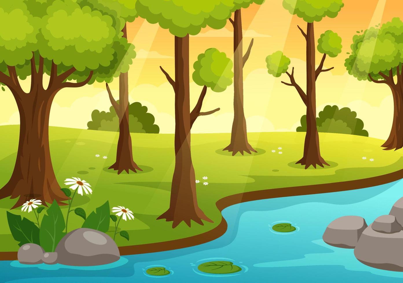 fiume paesaggio illustrazione con Visualizza montagne, verde campi, alberi e foresta circostante il fiumi nel piatto cartone animato mano disegnato modelli vettore