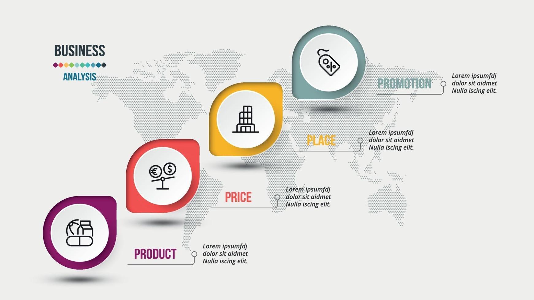 Modello di infografica aziendale o di marketing di analisi 4p. vettore