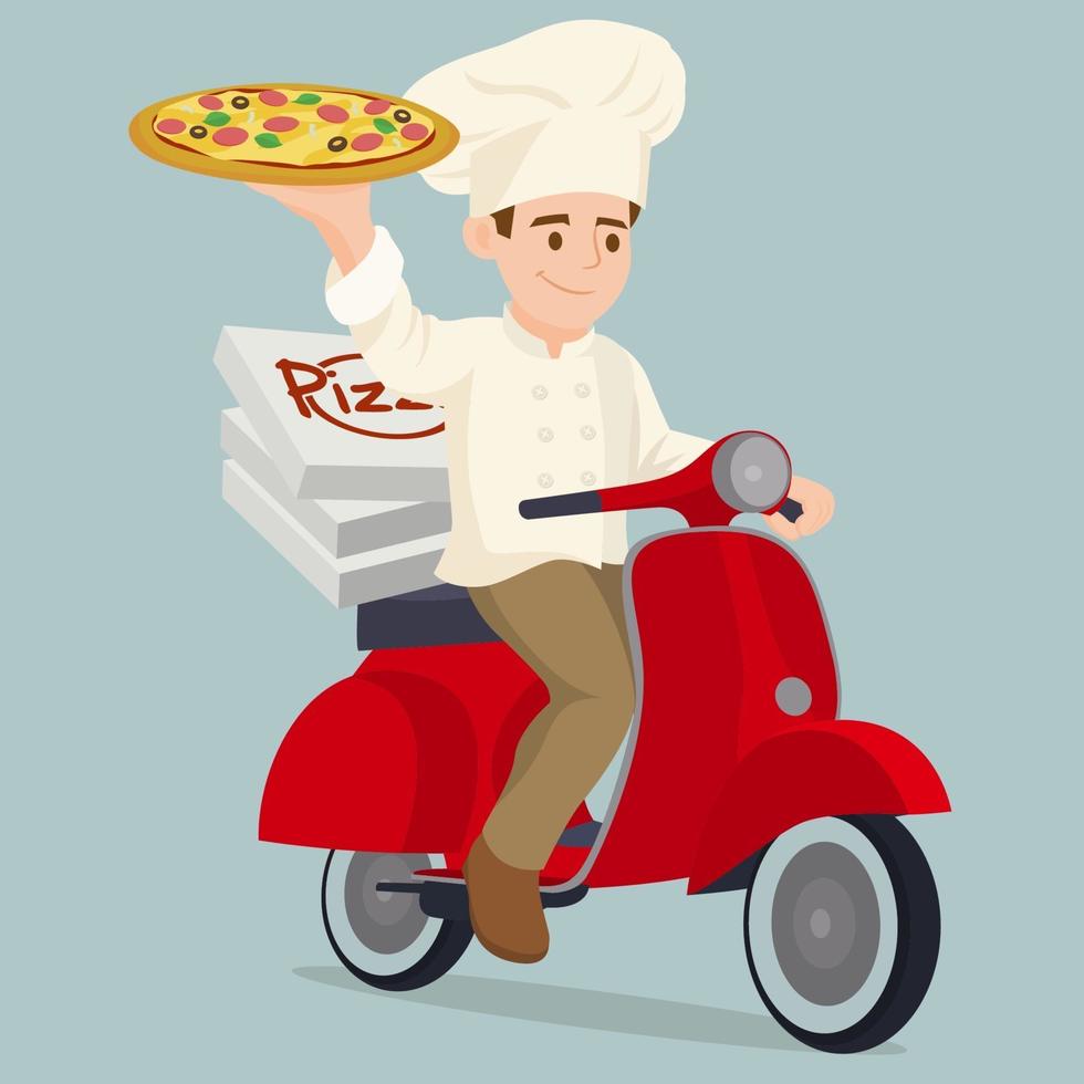 scooter di consegna pizza e autista di corriere pizza vettore