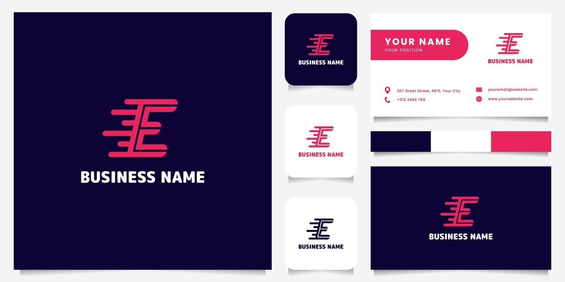 semplice e minimalista rosa brillante lettera e velocità logo nel logo di sfondo scuro con modello di biglietto da visita vettore