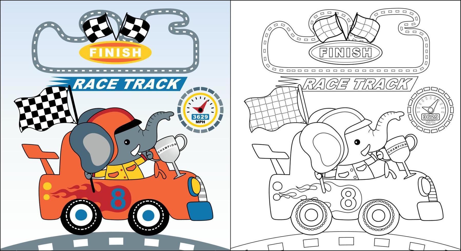 carino elefante cartone animato su da corsa auto Tenere trofeo, auto da corsa elementi illustrazione, colorazione libro o pagina vettore