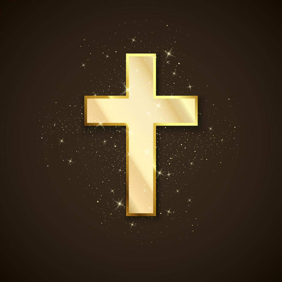 d'oro attraversare simbolo di cristianesimo. santo metallo attraversare su buio sfondo. simbolo di speranza e fede. vettore