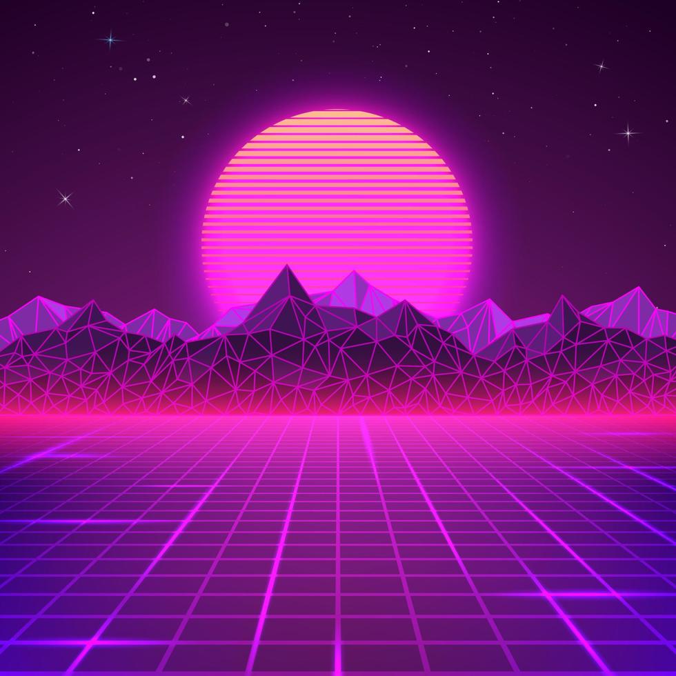 retrò paesaggio nel viola colori. futuristico pianeta neon montagne e tramonto sfondo. sci fi astratto geometrico paesaggio. vettore