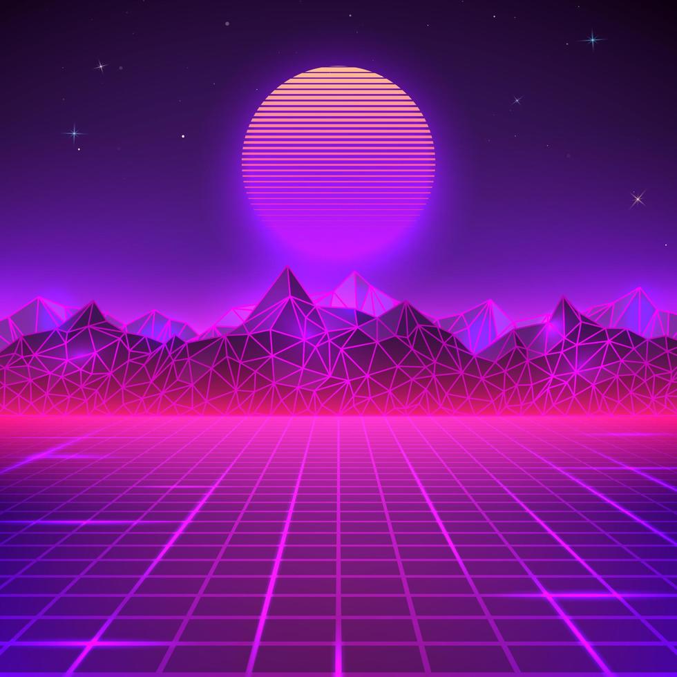 retrò paesaggio nel viola colori. futuristico pianeta neon montagne e tramonto sfondo. sci fi astratto geometrico paesaggio. vettore illustrazione