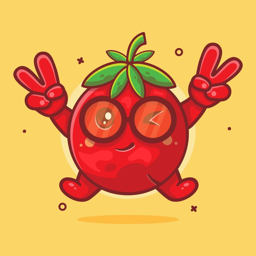 divertente pomodoro frutta personaggio portafortuna con pace cartello mano gesto isolato cartone animato nel piatto stile design vettore