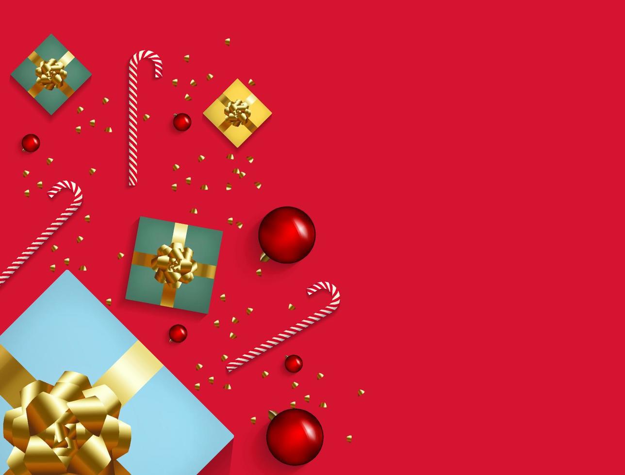 Natale elemento composizione modello sfondo. regalo scatola, caramella canna, palla decorare, nastro con rosso scena e copia spazio bandiera vettore