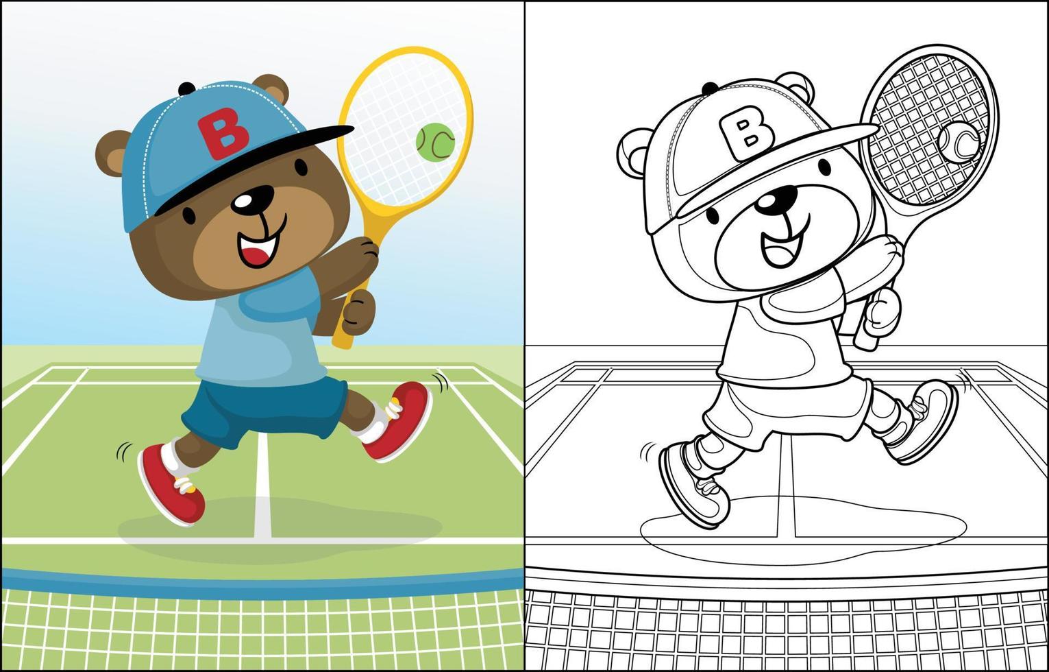 vettore cartone animato di carino orso giocando tennis, colorazione libro o pagina