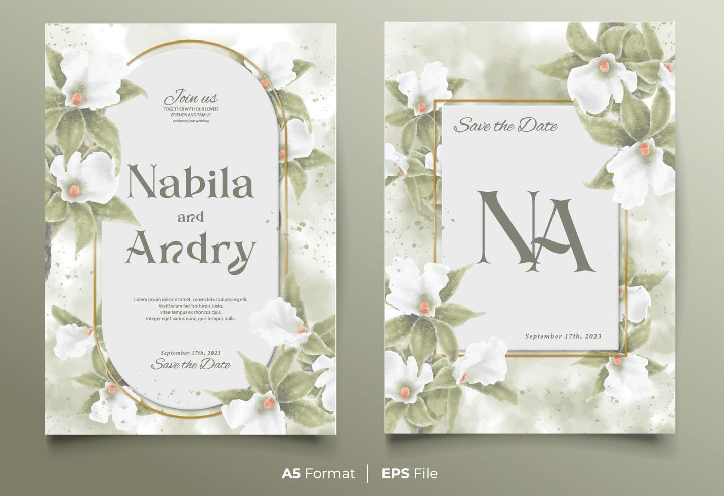 acquerello nozze invito carta modello con bianca e verde fiore ornamento vettore