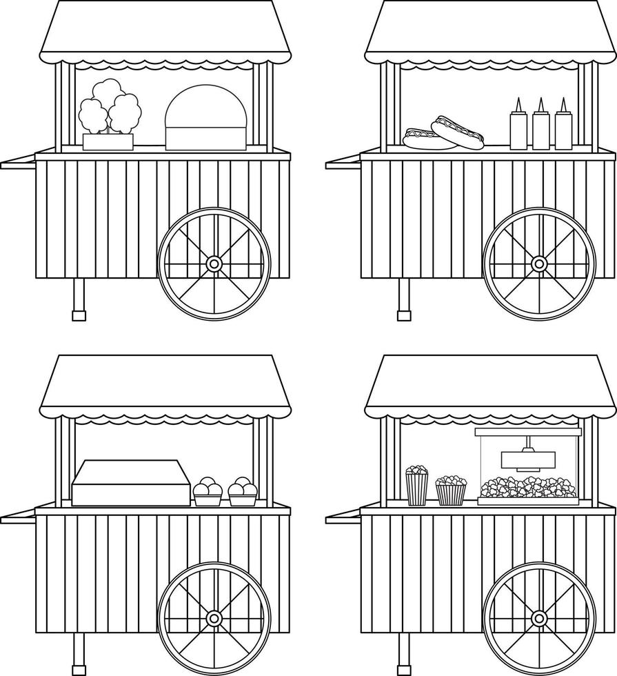 luminosa vettore illustrazioni, impostato carrelli con strada cibo, chioschi con veloce cibo e dolci, scarabocchio e schizzo, colorazione libro