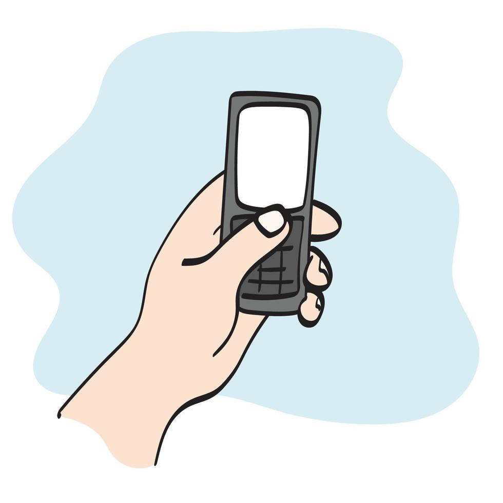 avvicinamento mano Tenere retrò mobile Telefono illustrazione vettore mano disegnato isolato su bianca sfondo linea arte.