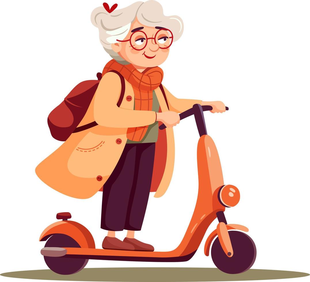 carino anziano donna cavalcate un elettrico scooter vettore