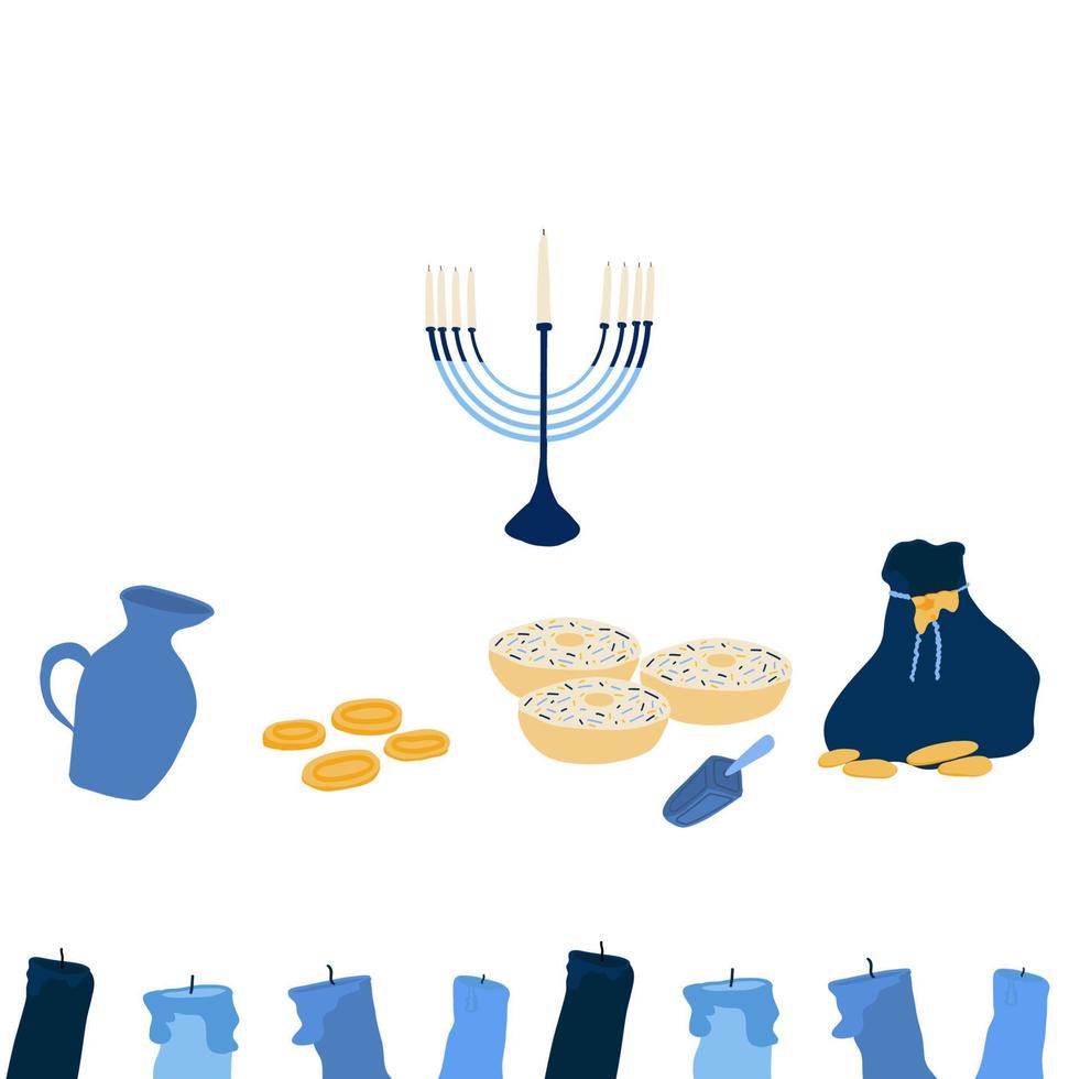 hanukkah mano disegnato impostato con olio ciambella candele menorah vettore