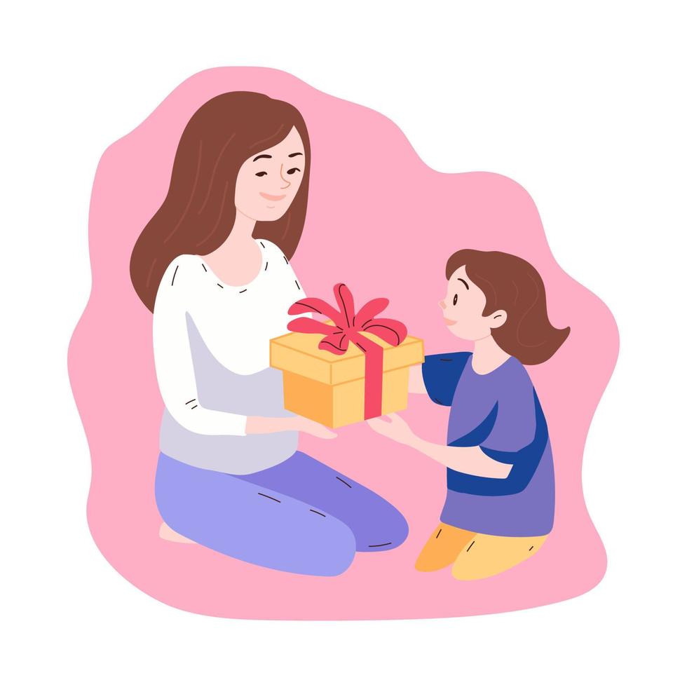 il bambino dà il suo madre regalo. vettore cartone animato illustrazione per La madre di giorno o compleanno.