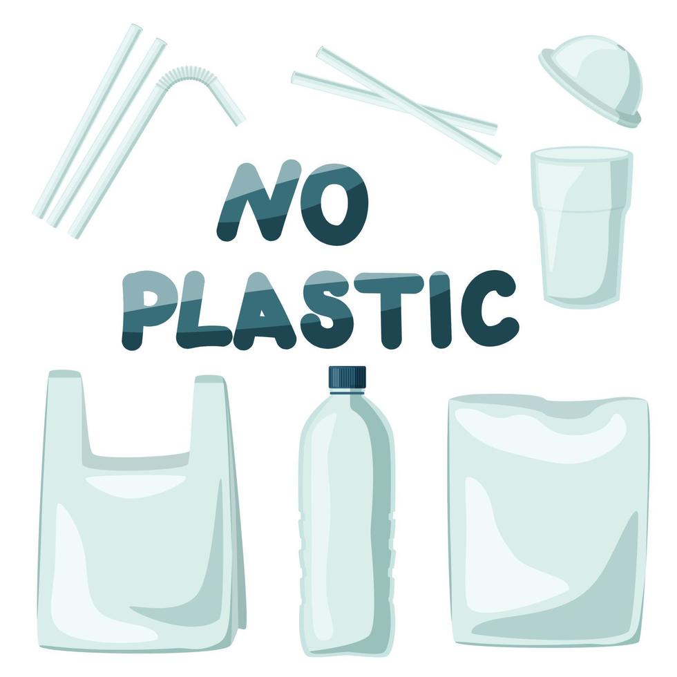 impostato di plastica spazzatura borse e bottiglie raccolta differenziata ecologia problema vettore illustrazione isolato su bianca sfondo. plastica bottiglia, plastica Borsa, plastica cannucce, plastica tazza.