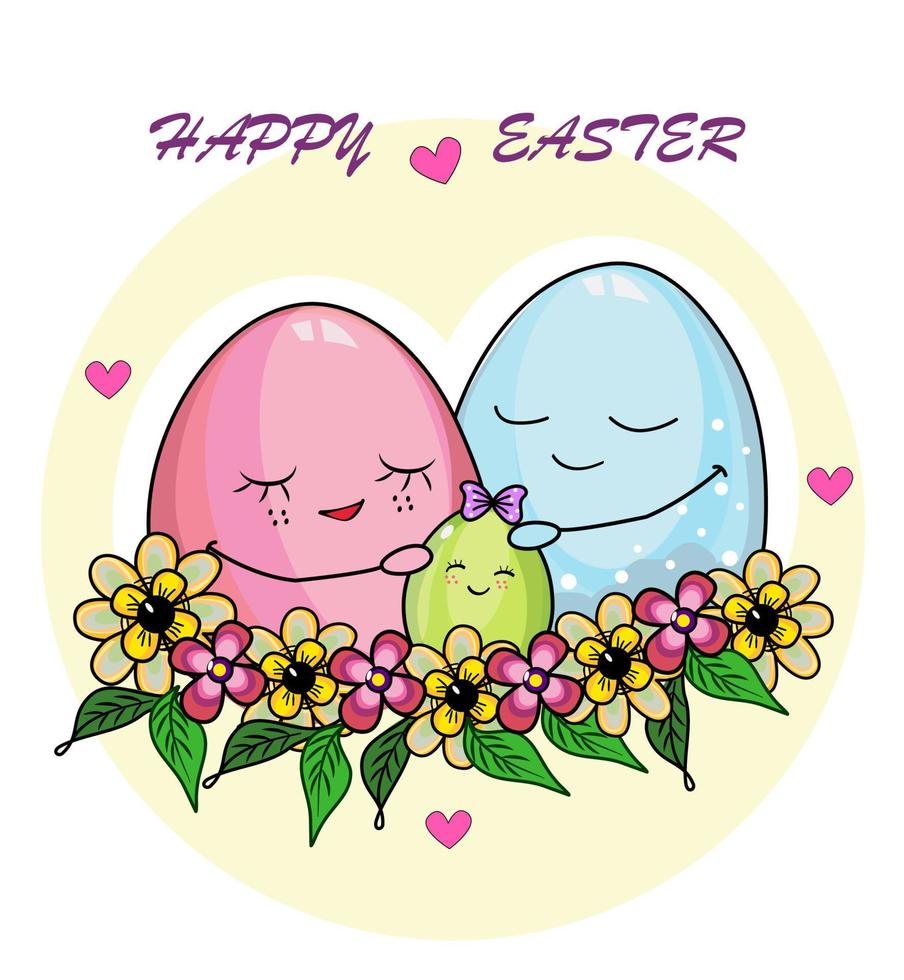 contento Pasqua, vettore disegnato a mano illustrazione, cartone animato famiglia di Pasqua uova, rosa, verde, blu colori con fiori e cuori