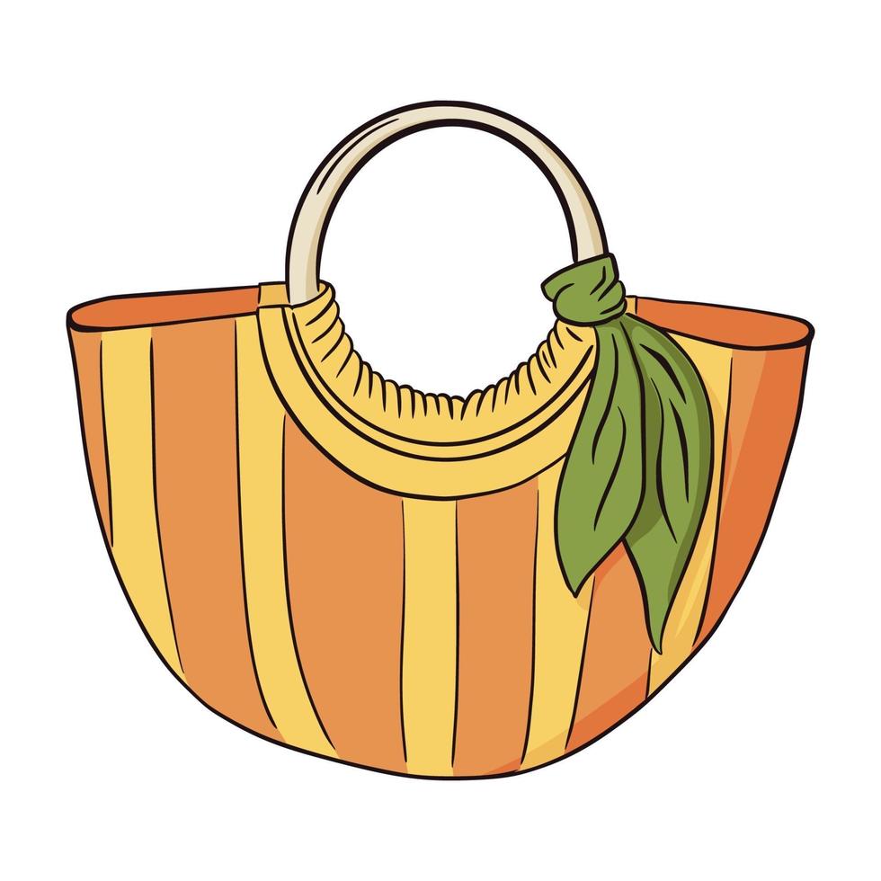 borsa da spiaggia a righe gialle e arancioni disegnata a mano con fazzoletto da collo verde vettore