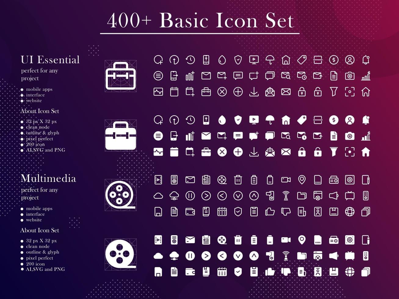400 set di icone di base ui essenziale e multimediale vettore