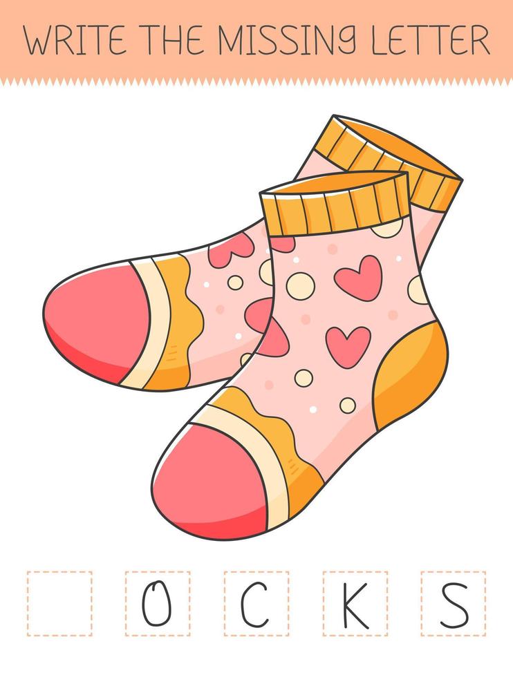 Scrivi il mancante lettera è un educativo gioco per bambini con calzini. carino cartone animato calzini. praticante inglese alfabeto. vettore illustrazione.