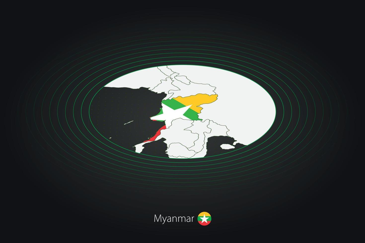 Myanmar carta geografica nel buio colore, ovale carta geografica con vicino Paesi. vettore