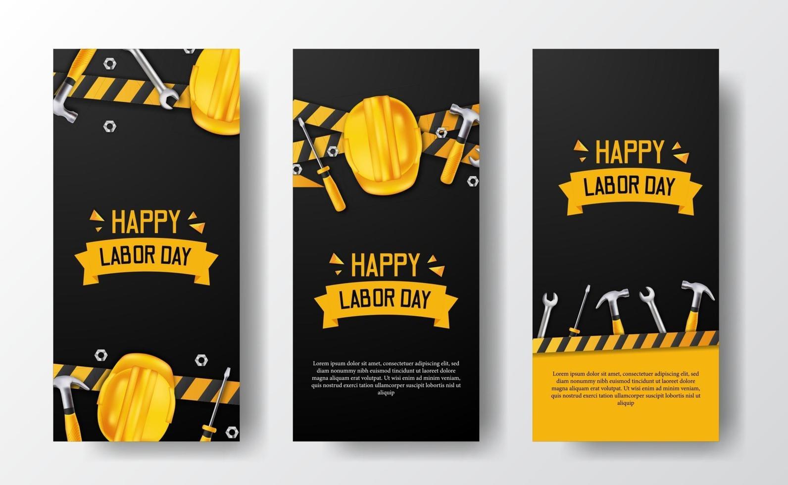 banner di storie di social media per la festa del lavoro con lavoratore di casco di sicurezza 3d, martello, chiave inglese, con linea gialla e sfondo nero vettore