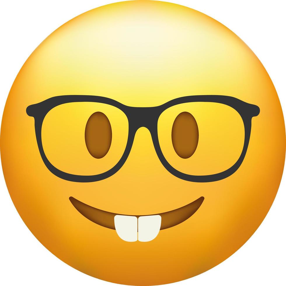 nerd emoji. emoticon con trasparente occhiali, divertente giallo viso con bordato di nero occhiali. vettore