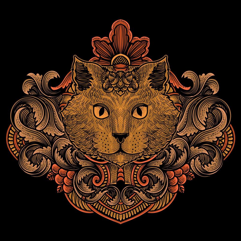 illustrazione vettore antico gatto testa con Vintage ▾ incisione ornamento nel indietro Perfetto per il tuo merce e t camicia
