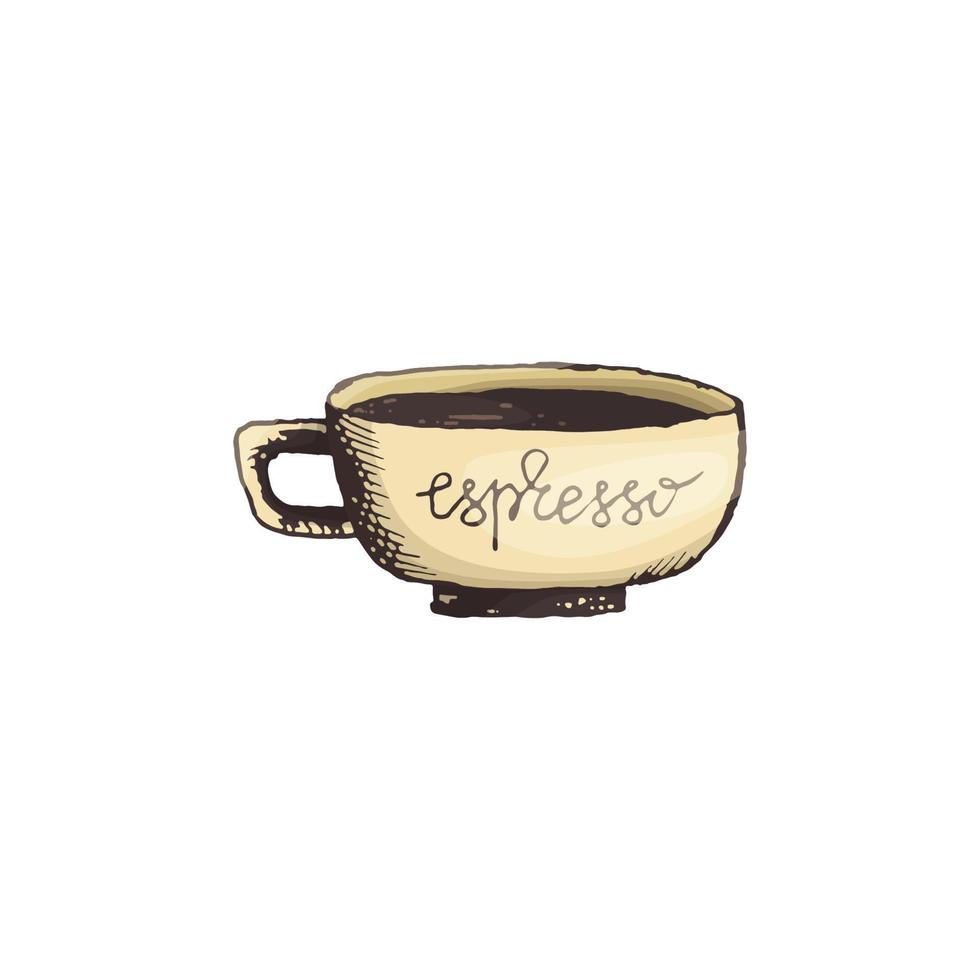 vettore illustrazione di caffè espresso caffè boccale nel il stile di a mano libera disegno nel colore. caldo caffè boccale icona per menù, logo o bandiera design