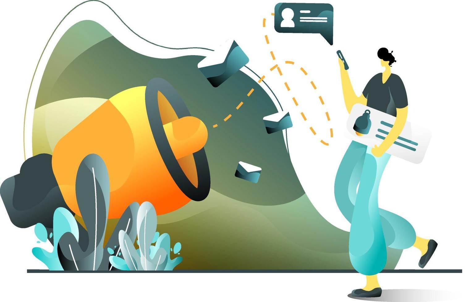 concetto di illustrazione piatta di email marketing di uomini che promuovono prodotti utilizzando smartphone, perfetto per pagine di destinazione, modelli, interfaccia utente, web, app mobile, poster, banner, volantini. vettore