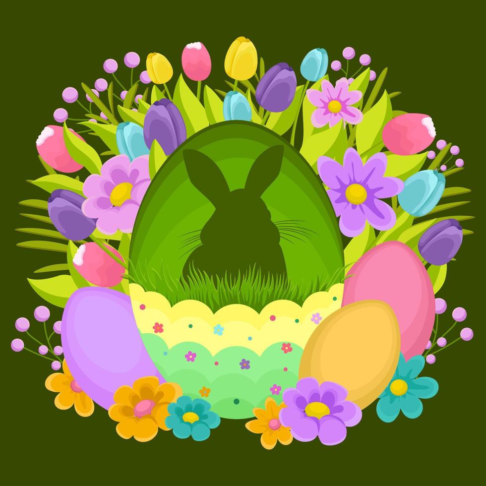 Pasqua illustrazione con coniglietto, fiori, Pasqua uova, sfondo, bandiera o di stagione carta, primavera illustrazione, vacanza illustrazione vettore