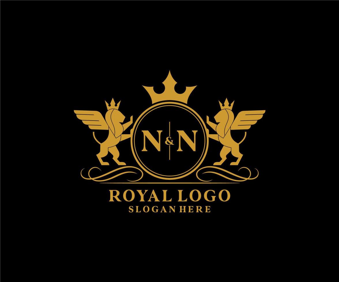 iniziale nn lettera Leone reale lusso stemma araldico logo modello nel vettore arte per ristorante, regalità, boutique, bar, Hotel, araldico, gioielleria, moda e altro vettore illustrazione.