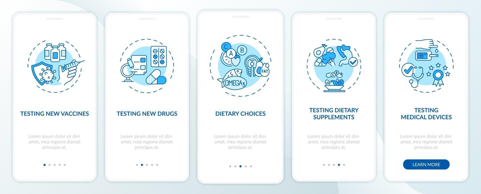 tipi di studi clinici onboarding schermata della pagina dell'app mobile con concetti vettore