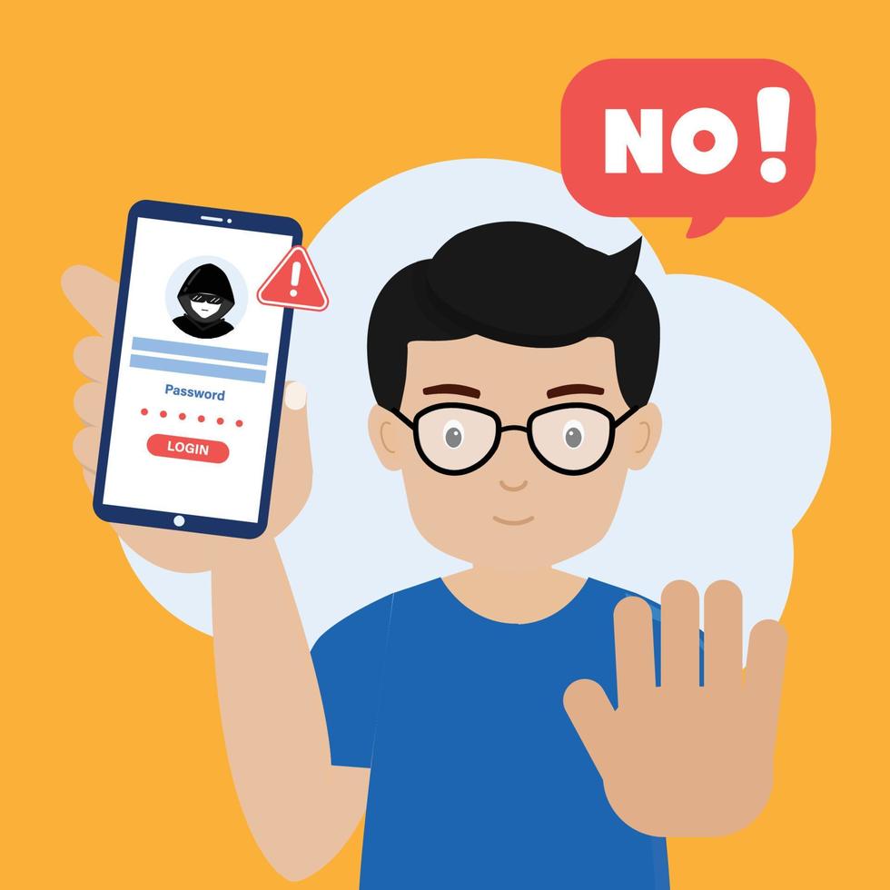 uomo avvertimento Telefono a partire dal violato accesso e parola d'ordine. informatica crimine. illustrazione vettore