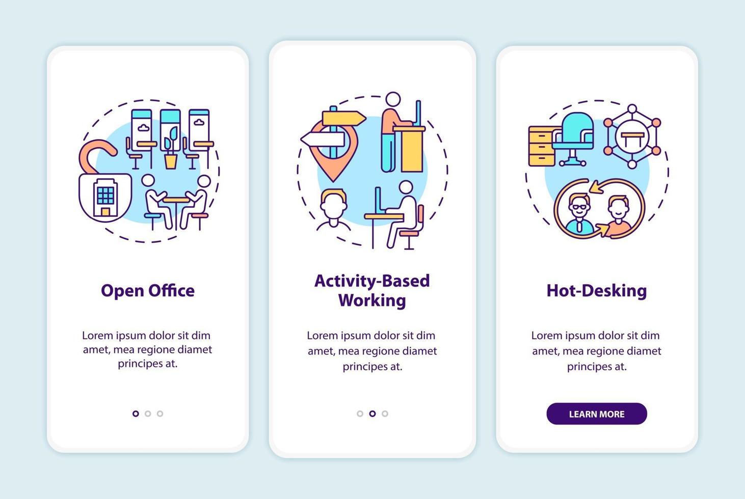 futuri ambienti di ufficio onboarding schermata della pagina dell'app mobile con concetti vettore