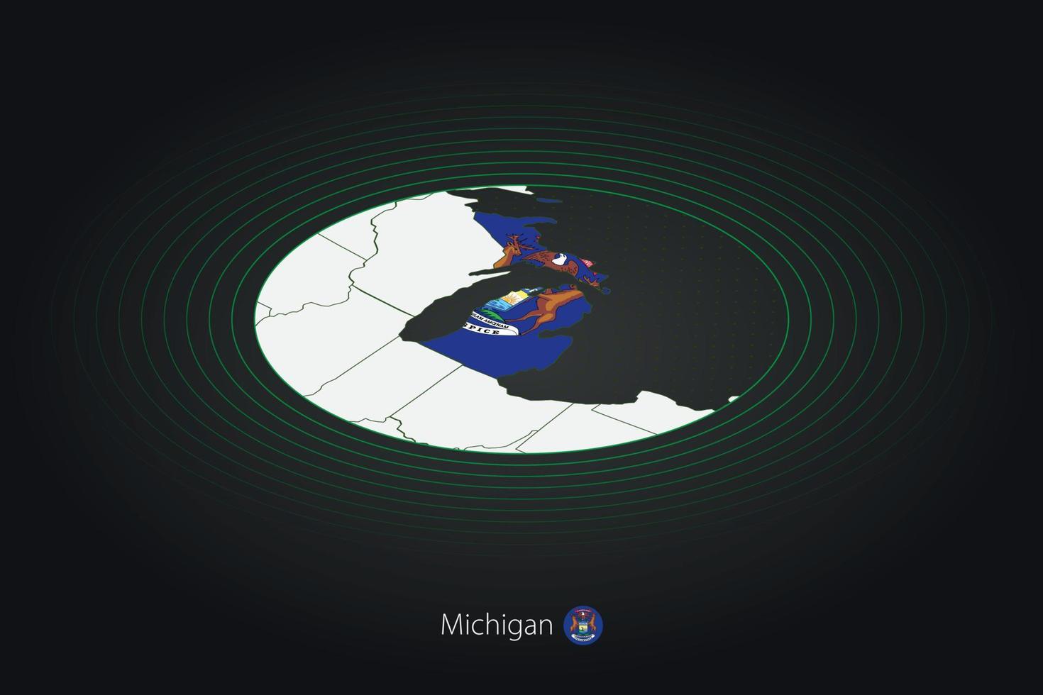 Michigan carta geografica nel buio colore, ovale carta geografica con vicino noi stati. vettore