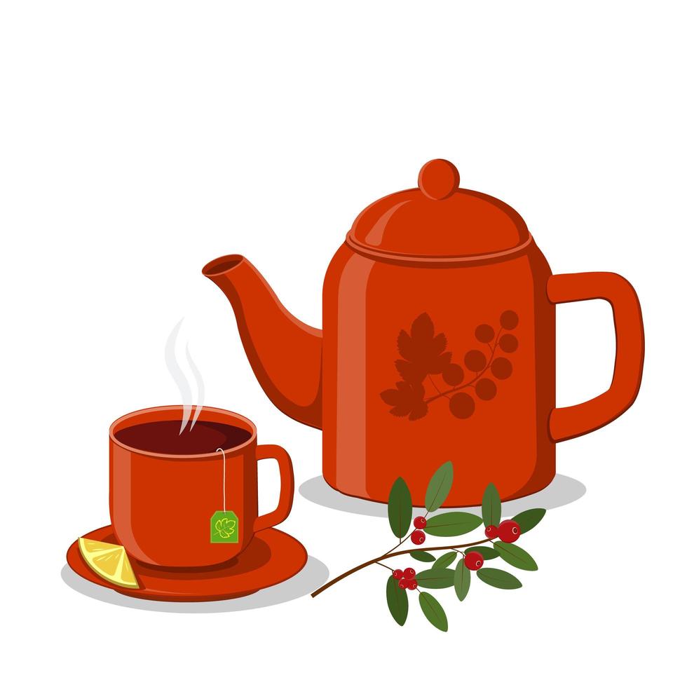 tazza di tè rosso e teiera vettore