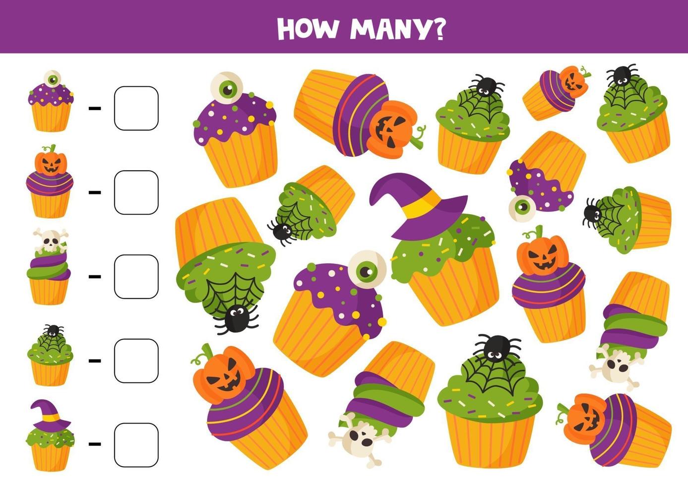 gioco di matematica con muffin di halloween simpatico cartone animato. vettore
